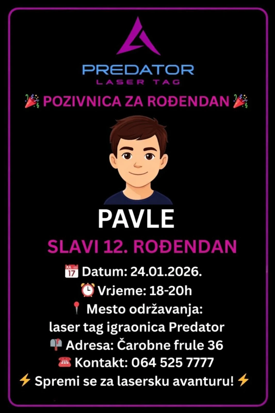 Predator rođendanska pozivnica — primer 1