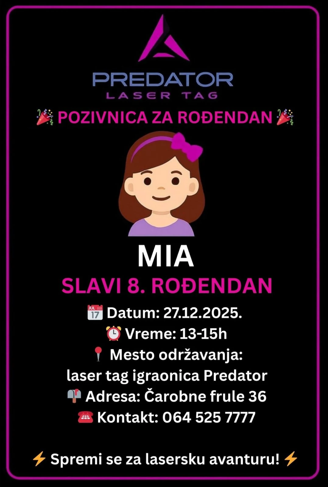 Predator rođendanska pozivnica — primer 2